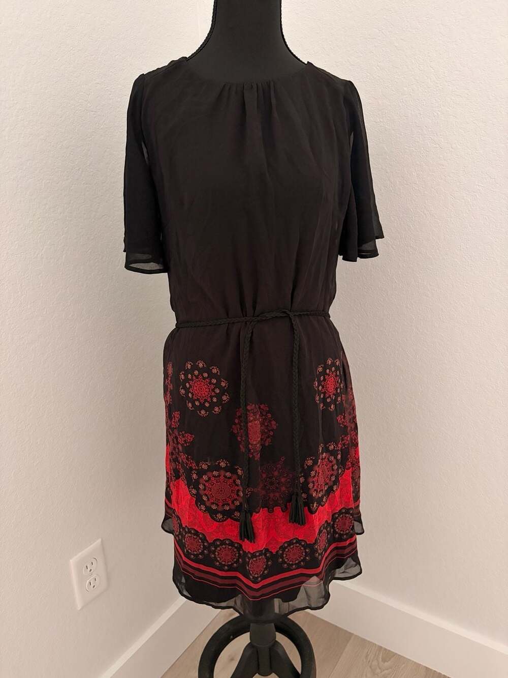 Desigual Tampa Belt Dress Flutter Sleeve Black Red Size Small